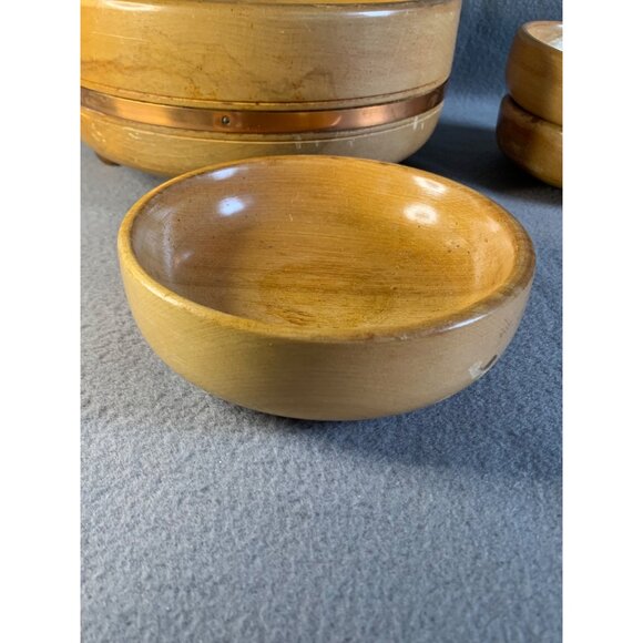 Vintage Wooden Salad Bowl Set with Copper Trim 4 Piece Mid Century Modern Footed - Picture 7 of 13